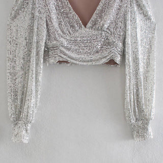 Elegant Women Sequined Tops 2021 Spring Fashion Ladies Vintage Silver Top Party Female Sexy V-Neck Tops Femme Girls Chic Clothes ALODIA STORE