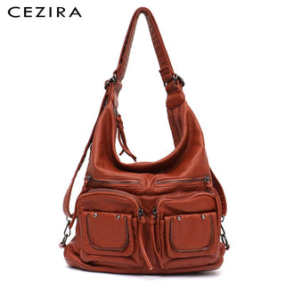 CEZIRA Large Soft Casual Women Bags Functional Girl School Backpack PU Leather Bag Ladies Multi Pockets Messenger&amp;Shoulder Bag ALODIA STORE