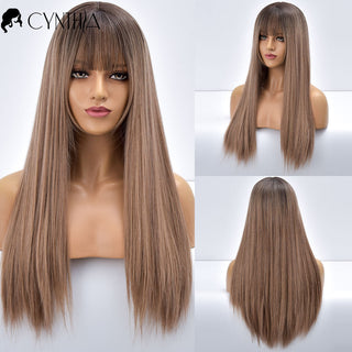 Blonde Ombre Long Straight Gold Synthetic Wig With Bangs For Black White Women Heat Resistant Fiber Daily Hair Cosplay Wigs ALODIA STORE