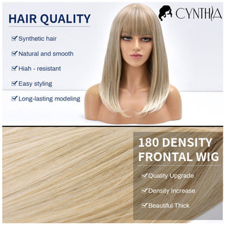 Blonde Ombre Long Straight Gold Synthetic Wig With Bangs For Black White Women Heat Resistant Fiber Daily Hair Cosplay Wigs ALODIA STORE