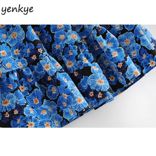 Vintage Blue Floral Print Dress Women Lantern Sleeve Square Neck A-line Dress Modern Female Holiday Summer Mini Chiffon Dress ALODIA STORE