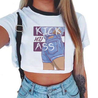 2020 New Summer Sexy Girls Printing Fashion Harajuku Sexy Tank Crop Top Mujer White Tops Clothes Women Croptop Short Sleeve ALODIA STORE
