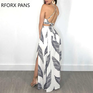 Women Leaf Print Backless Two Pieces Dress Cami Top &amp; Split Maxi Set  Dress ALODIA STORE