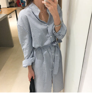 Colorfaith DR1800 2023 Striped Cotton and Linen Shirt Dress Lace Up Women Spring Summer Elegant Korean Fashion Lady Long Dresses ALODIA STORE
