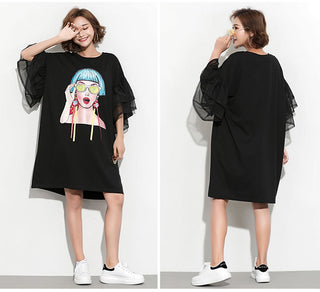 XITAO Splice Ribbon Cartoon Pattern Dress Women Puff Mesh Sleeve  Casual Party Black Dress Korean Style Summer DLL2106 ALODIA STORE