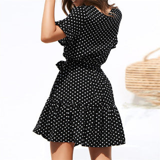 Aachoae Women Summer Beach Dress Casual Short Sleeve Polka Dot Dress Boho Mini Party Dress Elegant V Neck Sundress Vestidos ALODIA STORE