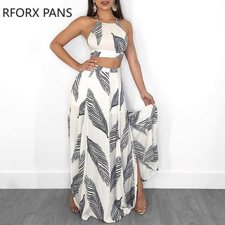 Women Leaf Print Backless Two Pieces Dress Cami Top &amp; Split Maxi Set  Dress ALODIA STORE