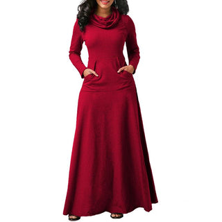 Women Warm Dress With Pocket Casual Solid Vintage Autumn Winter Maxi Dress Robe Bow Neck Long Elegant Dress Vestidos Female Body ALODIA STORE