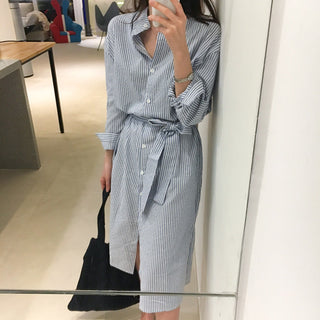 Colorfaith DR1800 2023 Striped Cotton and Linen Shirt Dress Lace Up Women Spring Summer Elegant Korean Fashion Lady Long Dresses ALODIA STORE