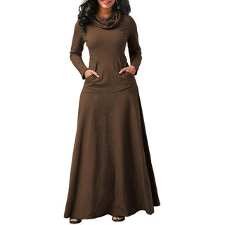 Women Warm Dress With Pocket Casual Solid Vintage Autumn Winter Maxi Dress Robe Bow Neck Long Elegant Dress Vestidos Female Body ALODIA STORE