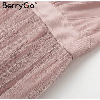 BerryGo Strap striped mesh lace split women dress Sexy deep v neck backless maxi dress Autumn winter long party dress vestidos ALODIA STORE