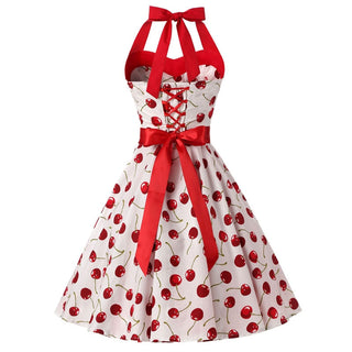 Women Red Cherry Party Dress Vintage 50s Rockabilly Hepburn Dress 2023 Elegant Summer Strapless Swing Retro Halter Pin up Dress ALODIA STORE