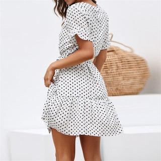 Aachoae Women Summer Beach Dress Casual Short Sleeve Polka Dot Dress Boho Mini Party Dress Elegant V Neck Sundress Vestidos ALODIA STORE