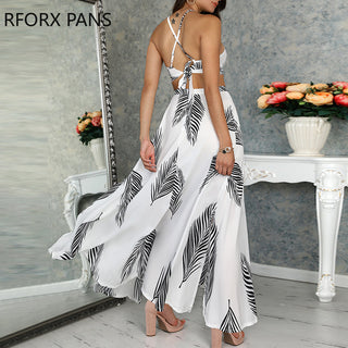Women Leaf Print Backless Two Pieces Dress Cami Top &amp; Split Maxi Set  Dress ALODIA STORE