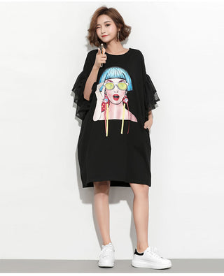 XITAO Splice Ribbon Cartoon Pattern Dress Women Puff Mesh Sleeve  Casual Party Black Dress Korean Style Summer DLL2106 ALODIA STORE