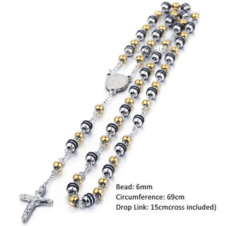 Davieslee Womens Men's Necklace Stainless Steel Chain Bead Rosary Long Necklace Jesus Christ Cross Prayer Jewelry DLKN434 ALODIA STORE
