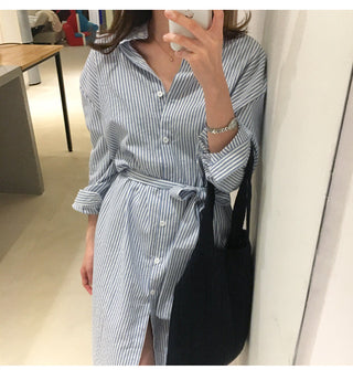 Colorfaith DR1800 2023 Striped Cotton and Linen Shirt Dress Lace Up Women Spring Summer Elegant Korean Fashion Lady Long Dresses ALODIA STORE
