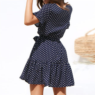 Aachoae Women Summer Beach Dress Casual Short Sleeve Polka Dot Dress Boho Mini Party Dress Elegant V Neck Sundress Vestidos ALODIA STORE