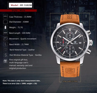 BENYAR Brand Sport Men Watch Top Brand Luxury Male Leather Waterproof Chronograph Quartz Military Wrist Watch Men Clock saat ALODIA STORE
