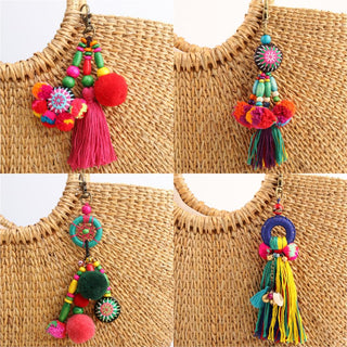 1pc Flower Charms Keychains Wooden Beads With Pompom Keyring Colorful Jewelry Boho Style Alodia Store
