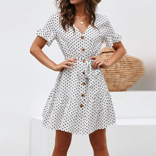 Aachoae Women Summer Beach Dress Casual Short Sleeve Polka Dot Dress Boho Mini Party Dress Elegant V Neck Sundress Vestidos ALODIA STORE
