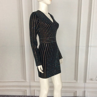 HAGEOFLY Women Bling Bling Long Sleeve Dress Black V-Neck Full Sleeve Women Casual Office Dress Party Dress Brazil Vestidos XXL ALODIA STORE