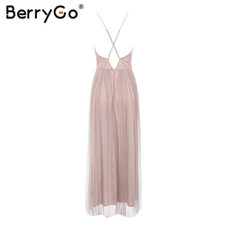 BerryGo Strap striped mesh lace split women dress Sexy deep v neck backless maxi dress Autumn winter long party dress vestidos ALODIA STORE