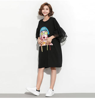 XITAO Splice Ribbon Cartoon Pattern Dress Women Puff Mesh Sleeve  Casual Party Black Dress Korean Style Summer DLL2106 ALODIA STORE