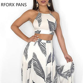 Women Leaf Print Backless Two Pieces Dress Cami Top &amp; Split Maxi Set  Dress ALODIA STORE