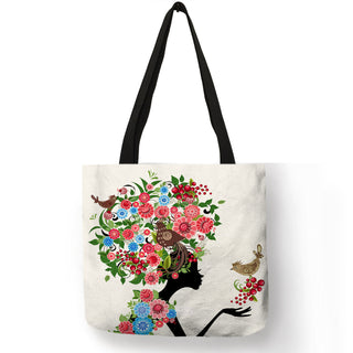 Wishing Girl Print Linen Reusable Shopping Bags ALODIA STORE