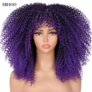 16''Short Hair Afro Kinky Curly Wig With Bangs For Black Women Cosplay Lolita Synthetic Natural Glueless Brown Mixed Blonde Wigs ALODIA STORE