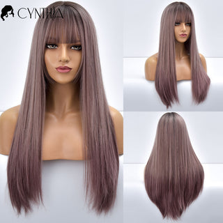 Blonde Ombre Long Straight Gold Synthetic Wig With Bangs For Black White Women Heat Resistant Fiber Daily Hair Cosplay Wigs ALODIA STORE