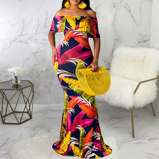 Sunflower Print Off Shoulder Maxi Dress Women Strapless Slash Neck Casual Long Dresses ALODIA STORE