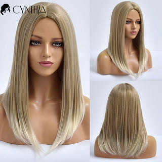 Blonde Ombre Long Straight Gold Synthetic Wig With Bangs For Black White Women Heat Resistant Fiber Daily Hair Cosplay Wigs ALODIA STORE