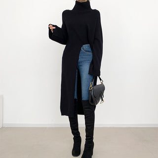 Turtleneck Knitting Dress for Woman Apricot Chic Full-sleeve Vintage ALODIA STORE