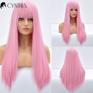 Blonde Ombre Long Straight Gold Synthetic Wig With Bangs For Black White Women Heat Resistant Fiber Daily Hair Cosplay Wigs ALODIA STORE