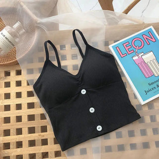 Women Camisole Fashion Wild Solid Color Sling Tank Top Summer New Button V-neck Cotton Vest With Removable Chest Pad ALODIA STORE