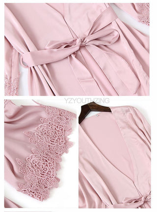 5PCS Robe Suit Satin Women Nightwear Lace Kimono Gown Bridal Wedding Bathrobe Set Sexy Pajamas V-Neck Sleepwear Lounge Lingerie ALODIA STORE