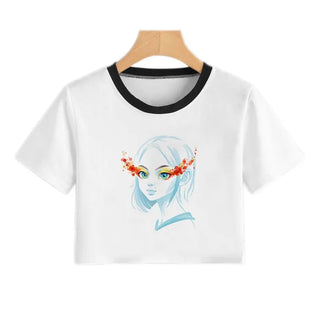 Summer Fashion Harajuku Sexy Tank Crop Top White Femme Clothes Women Cute Flower Season Girl Printed Croptop Short Sleeve ALODIA STORE