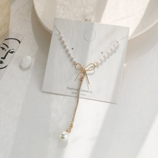 women geometry necklace, pearl asymmetry of fashionable, metal, aureate bowknot, collarbone chain necklace fashion ALODIA STORE