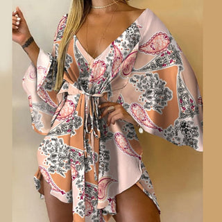 Casual Leaf Leopard Print Harajuku Batwing Sleeve Dress Lady Elegant Lace-Up Irregular Party Dress Sexy V-Neck Women Mini Dress ALODIA STORE