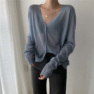 Cardigan Women Korean Long Sleeve Cardigan Summer Cropped Cardigan Knitted V-Neck Thin Ice Silk Sweaters Sunscreen Shirt Tops ALODIA STORE