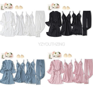 5PCS Robe Suit Satin Women Nightwear Lace Kimono Gown Bridal Wedding Bathrobe Set Sexy Pajamas V-Neck Sleepwear Lounge Lingerie ALODIA STORE
