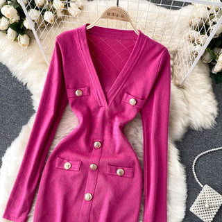 Women Knitted Pencil Dress Korean Long Sleeve V Neck Elastic Slim Dress ALODIA STORE