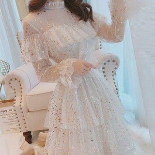 2022 Brand New Women Romantic Tulle Dress Stand Collar Beading Tassels Ruffles Long Sleeve Mesh Dress Cute Mid Dress Vestidos ALODIA STORE