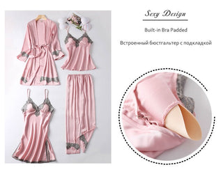 4PCS Satin Sleepwear Lady Pajamas Suit Nighty&amp;Robe Set Sexy Intimate Lingerie Casual Bridal Wedding Gift Homewear Nightgown ALODIA STORE