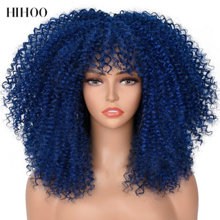 16''Short Hair Afro Kinky Curly Wig With Bangs For Black Women Cosplay Lolita Synthetic Natural Glueless Brown Mixed Blonde Wigs ALODIA STORE