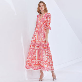 TWOTWINSTYLE Print Vintage Spring Dress For Women V Neck Half Sleeve High Waist Elegant Maxi Dresses Female Fashion New Clothes ALODIA STORE