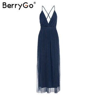 BerryGo Strap striped mesh lace split women dress Sexy deep v neck backless maxi dress Autumn winter long party dress vestidos ALODIA STORE