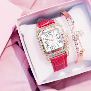 Women Diamond Watch Starry Square Dial Bracelet Watches Set Ladies Leather Band Quartz Wristwatch Female Clock Zegarek Damski ALODIA STORE